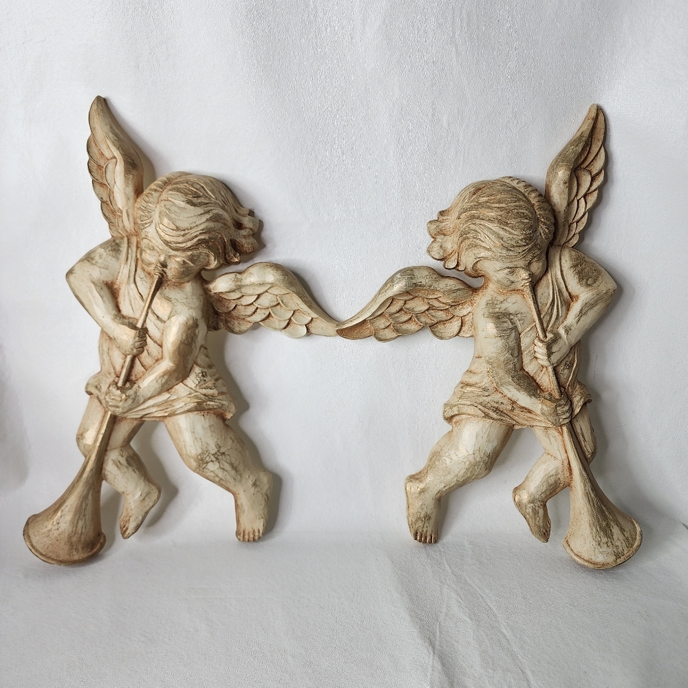 Vintage Syroco Cherub Angels Plastic Wall Decor 13" Hanging Plaques Set